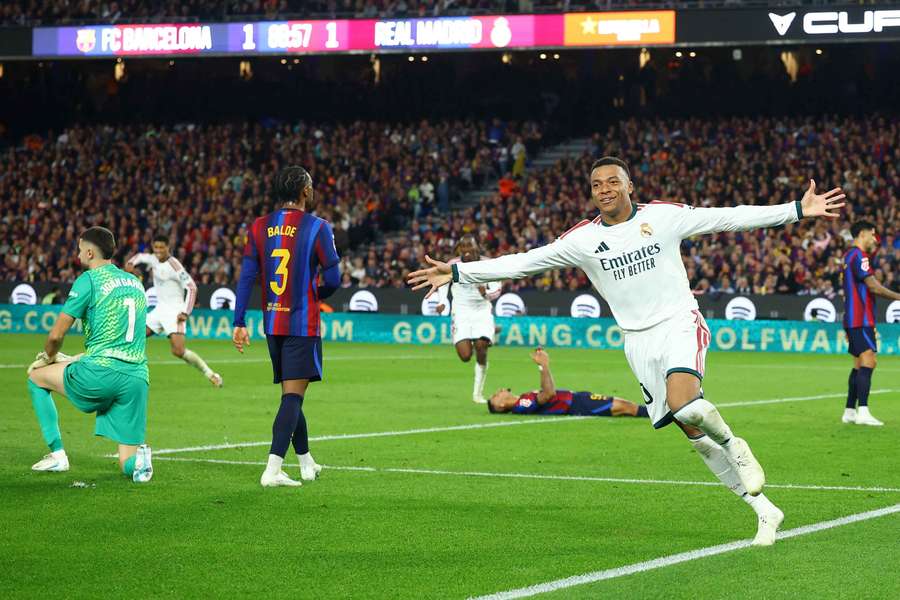 Real Madrid's Kylian Mbappe celebrates scoring their second goal Real Madrid's Kylian Mbappe celebrates scoring their second goal