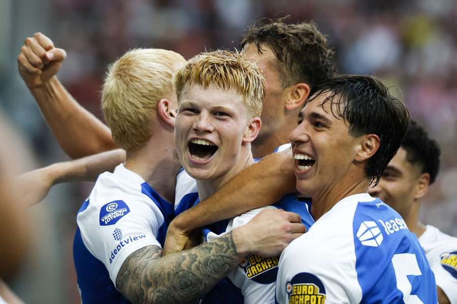 AZ celebrate a goal scored by Mexx Meerdink against FC Utrecht