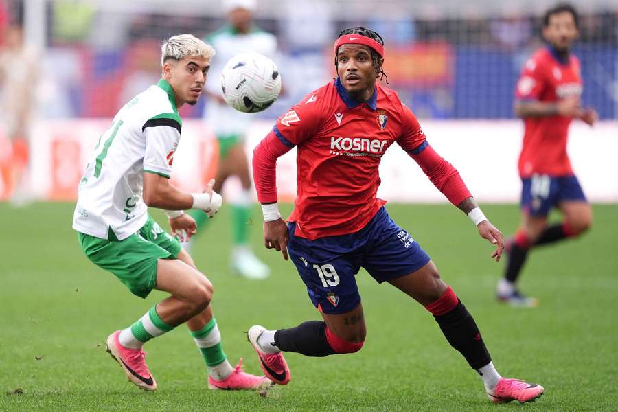 Osasuna's Valentin Rosier is challenged by Yassir Zabiri of Real Racing Club Osasuna's Valentin Rosier is challenged by Yassir Zabiri of Real Racing Club