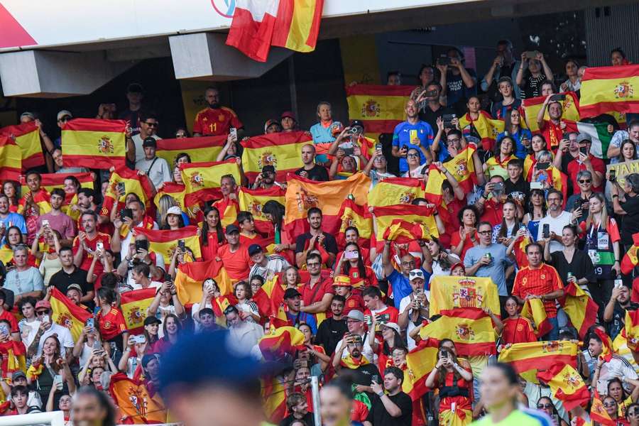 Spain supporters cheering on the women's team at the 2025 Women's European Championship