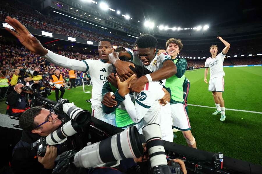 Real Madrid's Kylian Mbappe celebrates scoring their second goal with Eduardo Camavinga and teammates Real Madrid's Kylian Mbappe celebrates scoring their second goal with Eduardo Camavinga and teammates