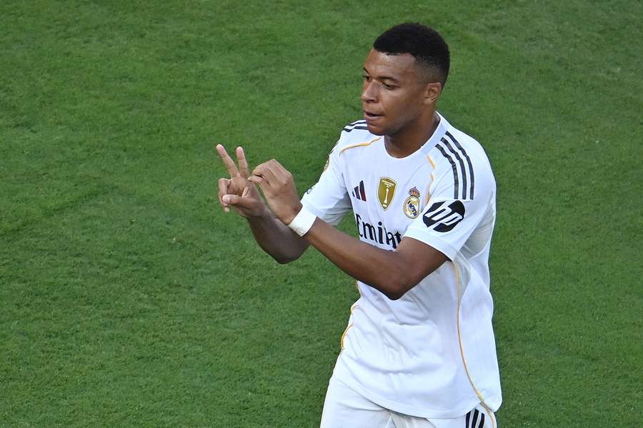 Kylian Mbappe celebrates his goal during Real Madrid's win over Borussia Dortmund in the Club World Cup.