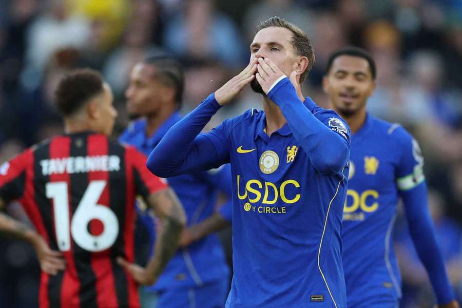 Jordan Henderson celebrates scoring Chelsea's fifth goal Jordan Henderson celebrates scoring Chelsea's fifth goal